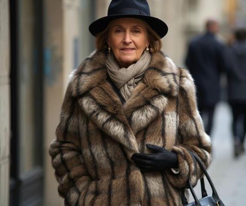 Bundát viselő középkorú nő kalappal a fején